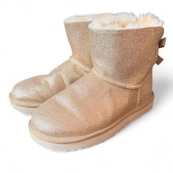 UGG Shoes - UGG Classic Mini Bailey Bow II Glitter Gold Boots Shearling Women’s Size 7